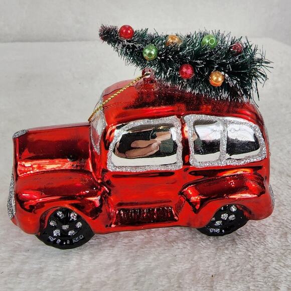 Blown Glass Ornament Red Car with Bottlebrush Christmas Tree On Top EUC - Picture 1 of 5